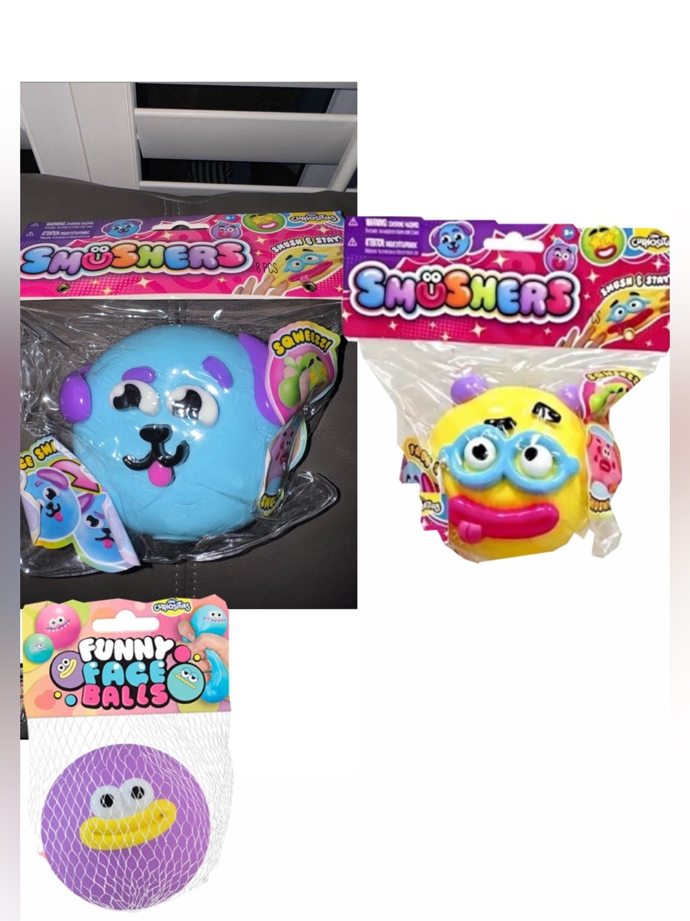 Viral Smushers -Bundle of 2 also 
1 funny face ball 🩵🐶🤓💜➕FREE NEEDOH w/ purchase